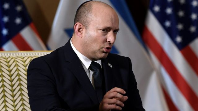 Israeli Prime Minister Naftali Bennett speaks during a meeting with US Secretary of State Antony Blinken at the Willard Hotel in Washington DC (25 August 2021)