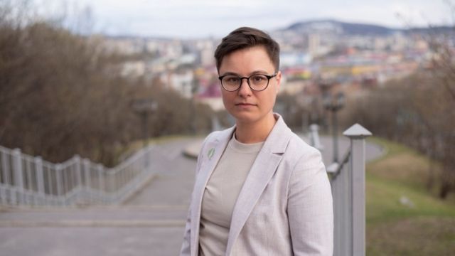 Opposition activist Violetta Grudina poses for a photo in Murmansk, Russia