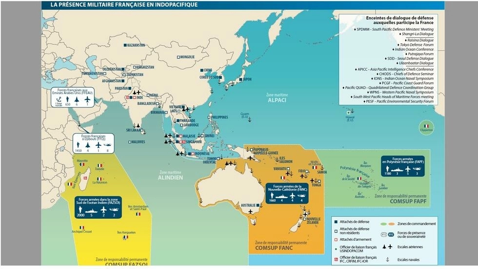 Ảnh minh họa : Hiện diện quân sự của Pháp tại vùng Ấn Độ-Thái Bình Dương. Ảnh chụp từ tài liệu "Pháp và an ninh Ấn Độ-Thái Bình Dương" 2019, bộ Quốc Phòng Pháp.
