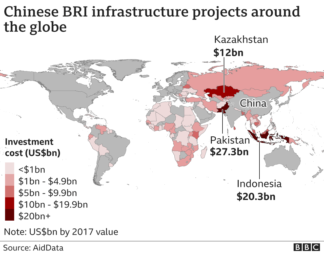 Map showing the combined value of China's infrastructure projects in different countries around the world.