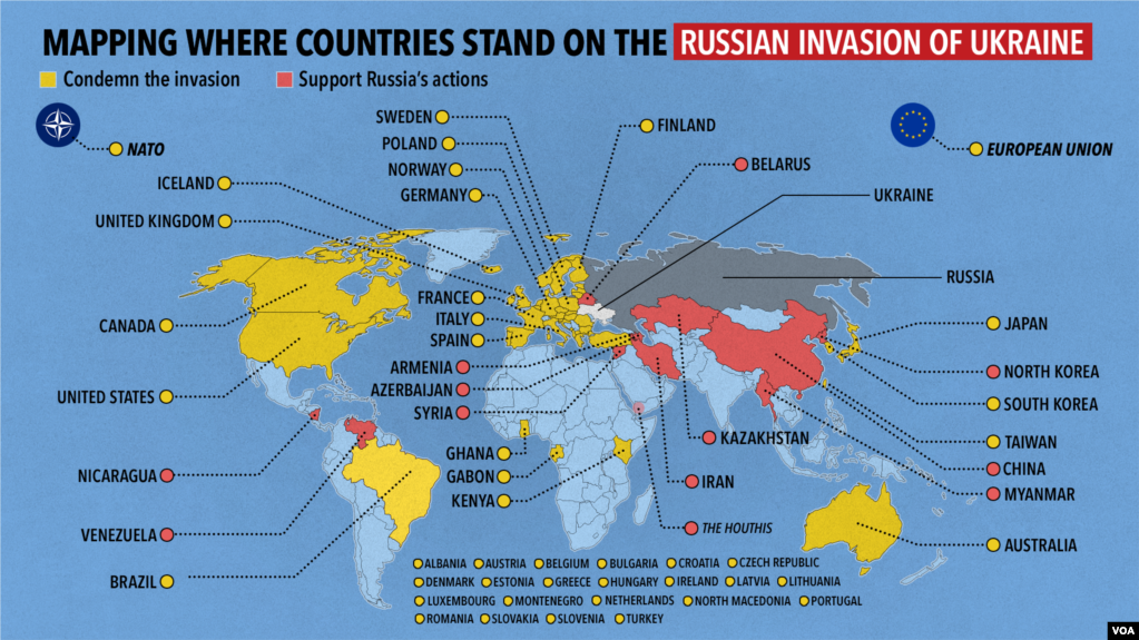 Màu vàng là các quốc gia lên án cuộc xâm lược của Nga. Màu đỏ là các quốc gia ủng hộ hành động của Nga.