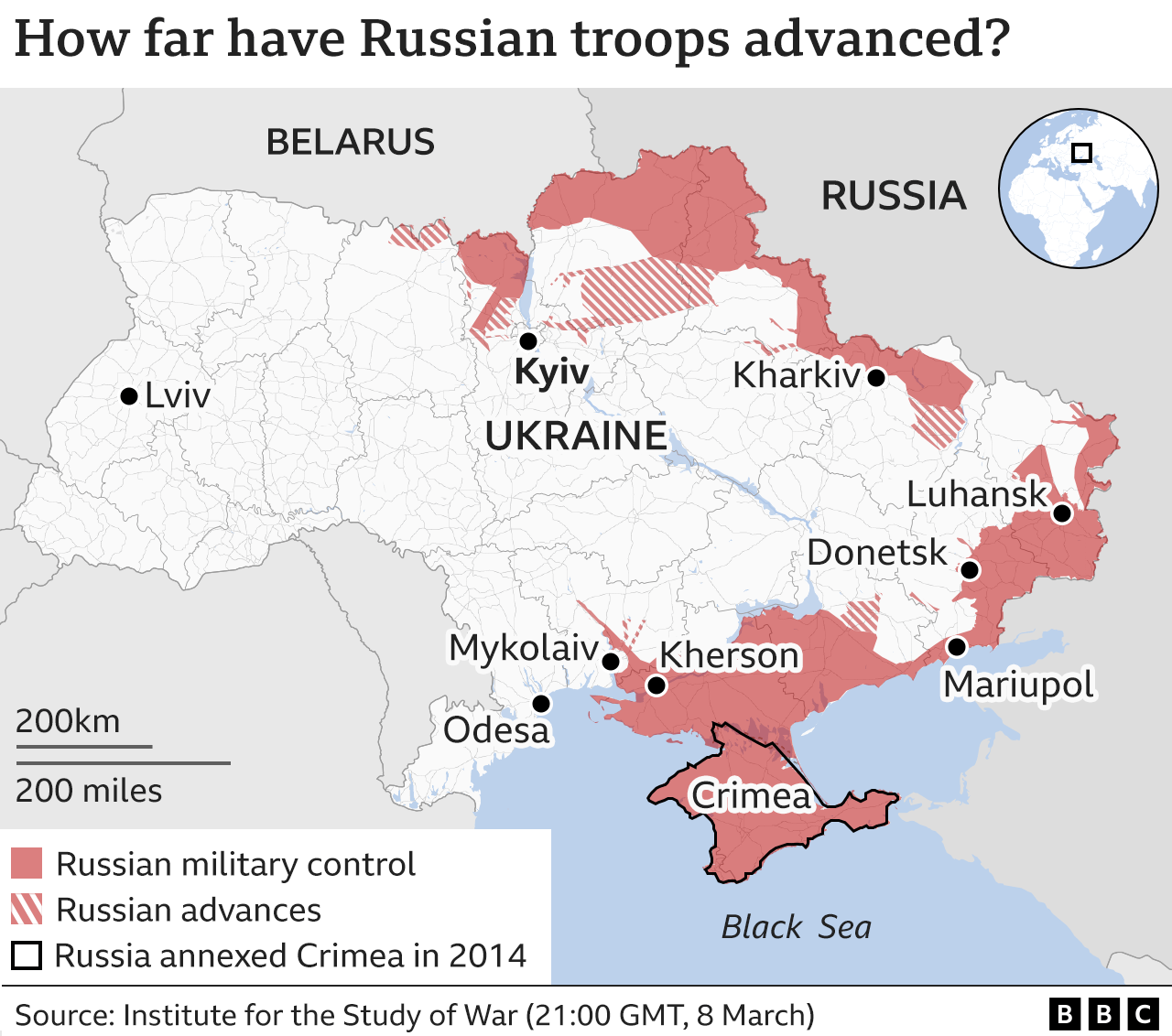 Map showing areas of Ukraine that are under Russian control. Updated 9 March.